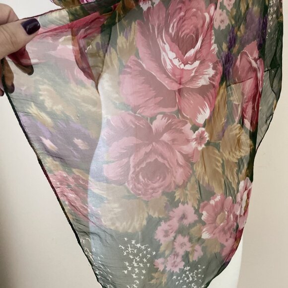 Vintage Lightweight Chiffon Scarf Wrap 39X 40" Pink Roses Floral Sheer Romantic - Picture 3 of 7